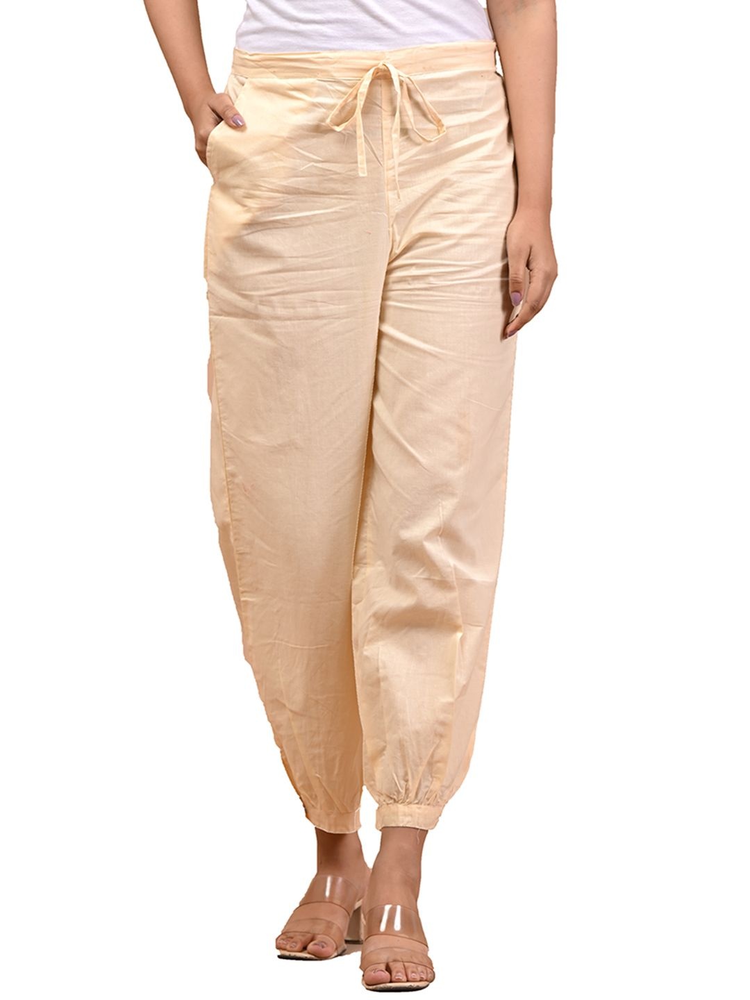 

Anootha Women Loose Fit Mid-Rise Pure Cotton Harem Pants, Beige