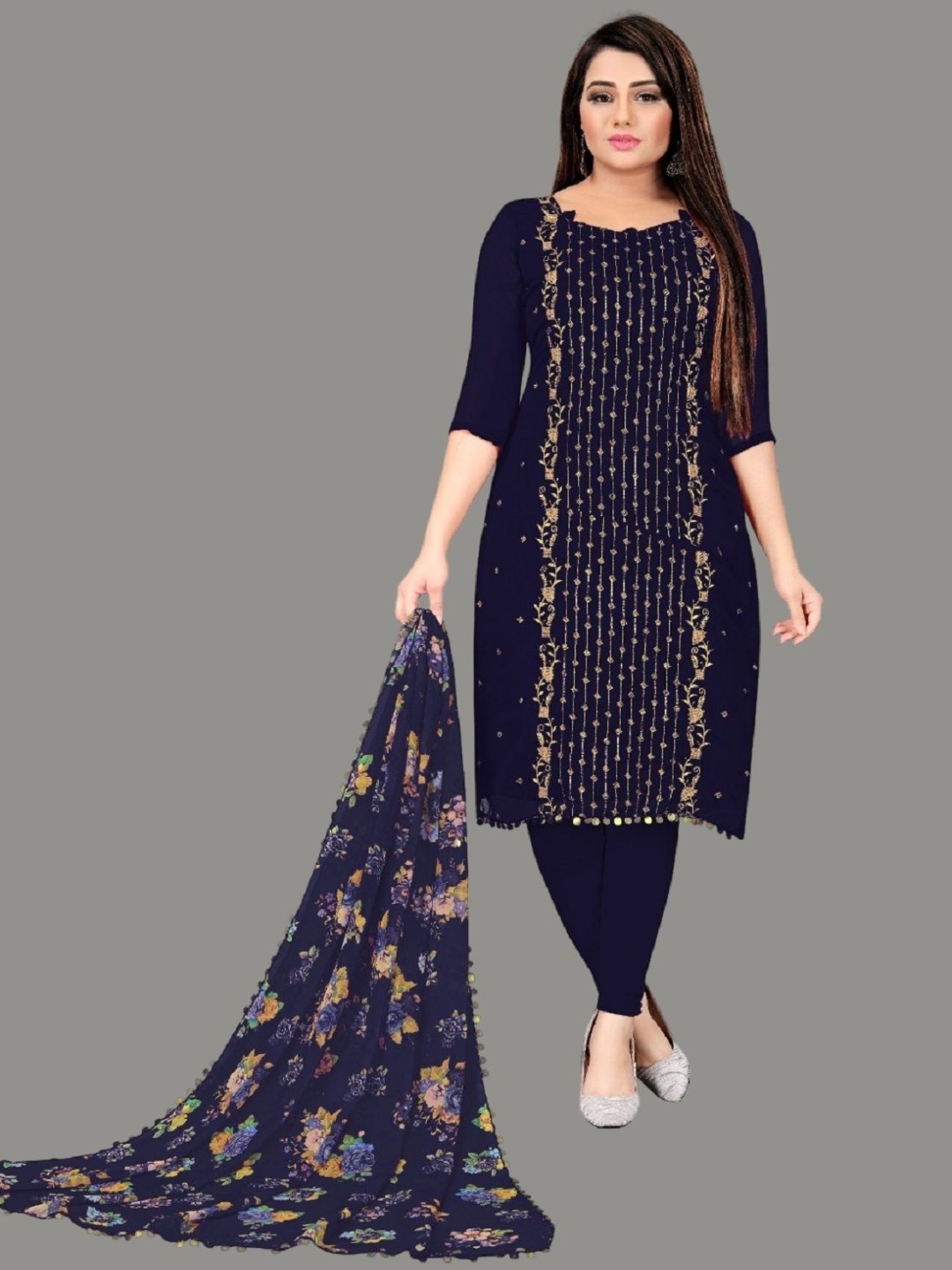 

A TO Z CART Ethnic Motifs Embroidered Silk Georgette Unstitched Dress Material, Navy blue