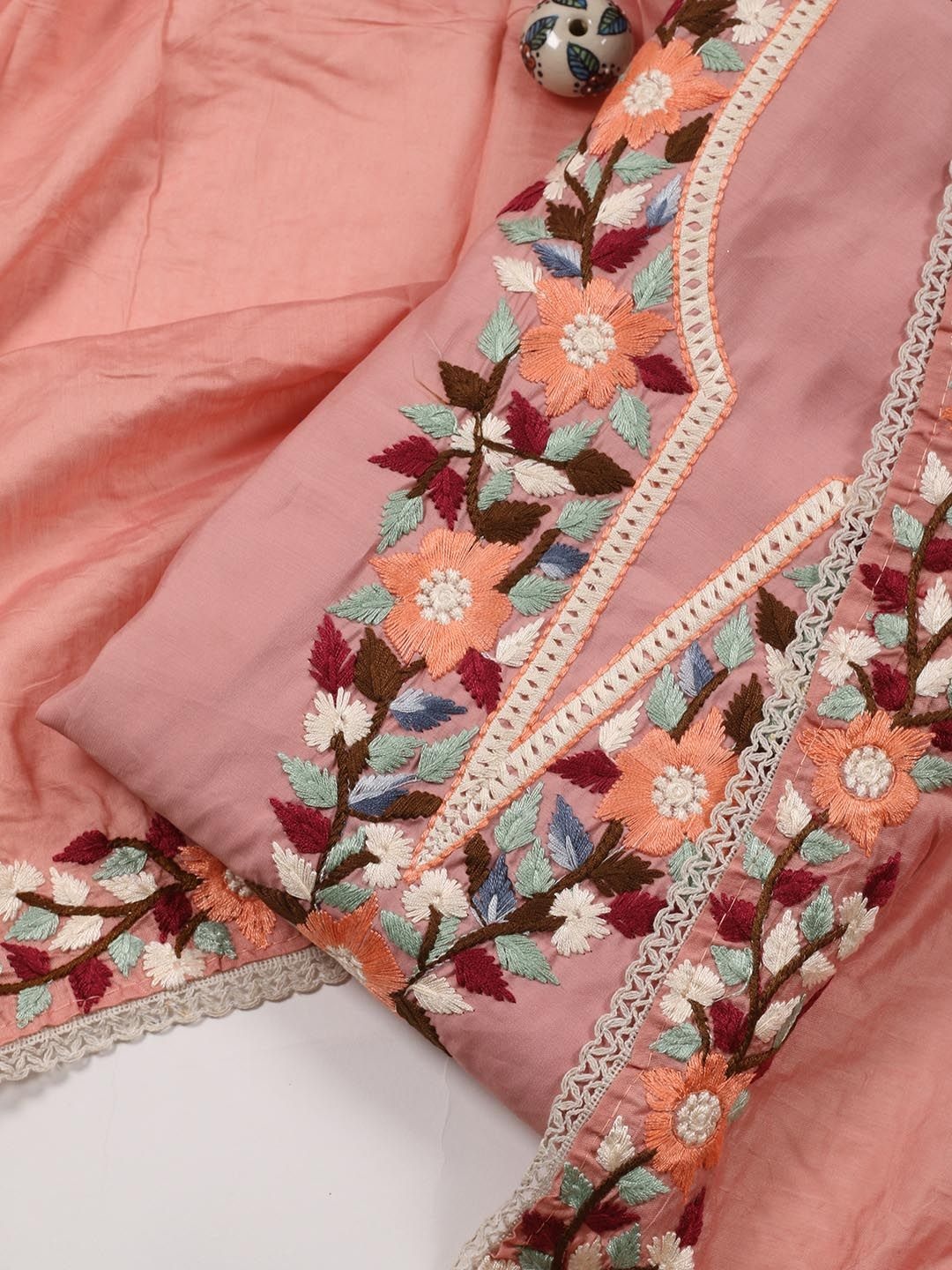

Meena Bazaar Embroidered Art Silk Unstitched Dress Material, Peach