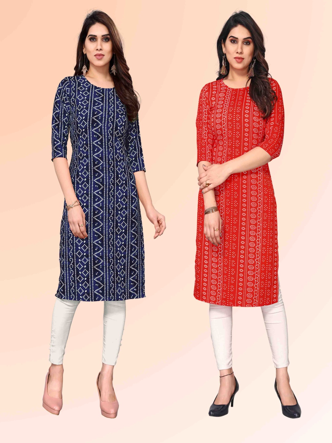 

KETAKI FASHION Selection Of 2 Bandhani Printed Round Neck Kurta, Navy blue