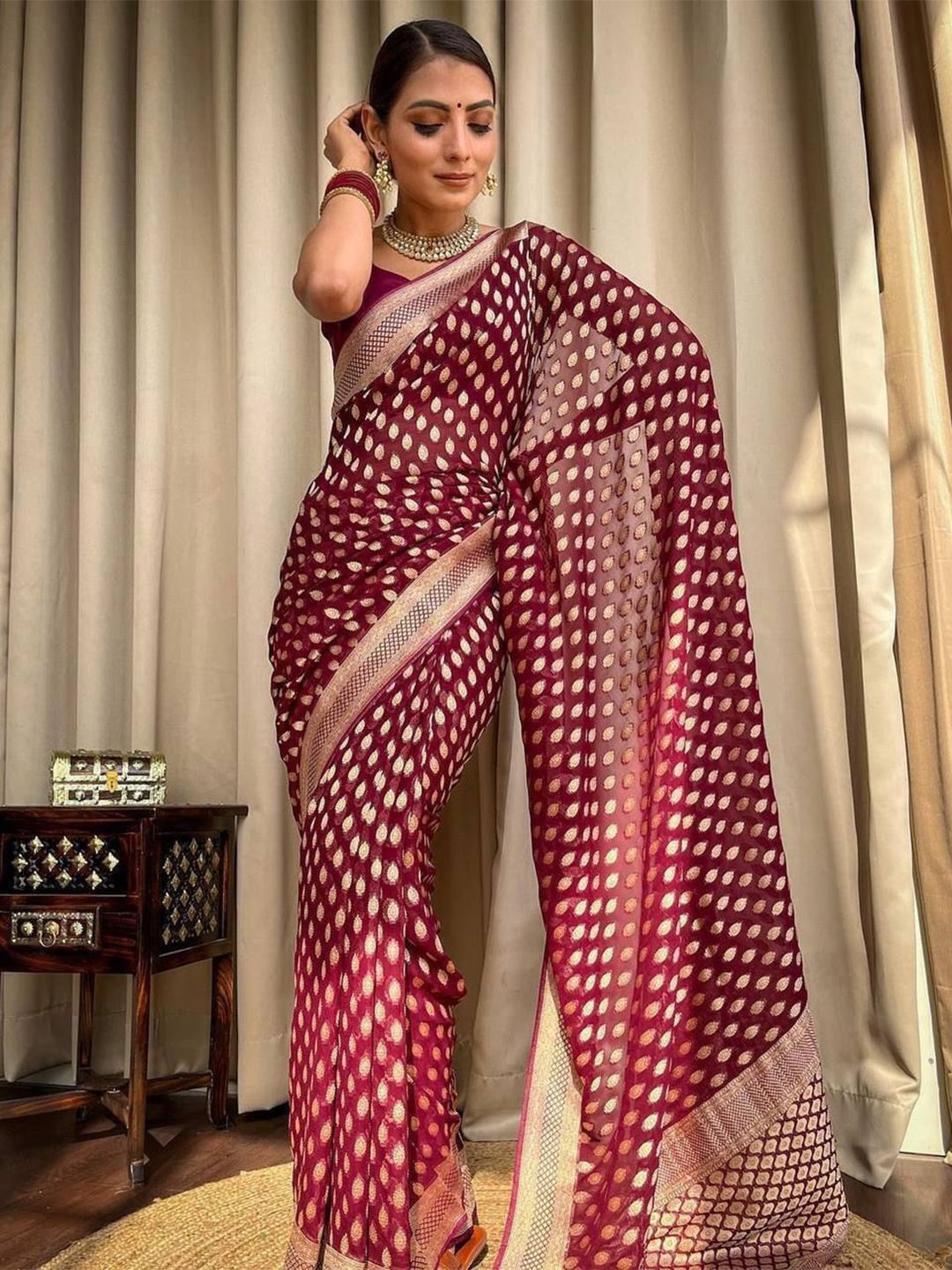 

Upalksh Ethnic Motifs Woven Design Zari Kanjeevaram Saree, Maroon