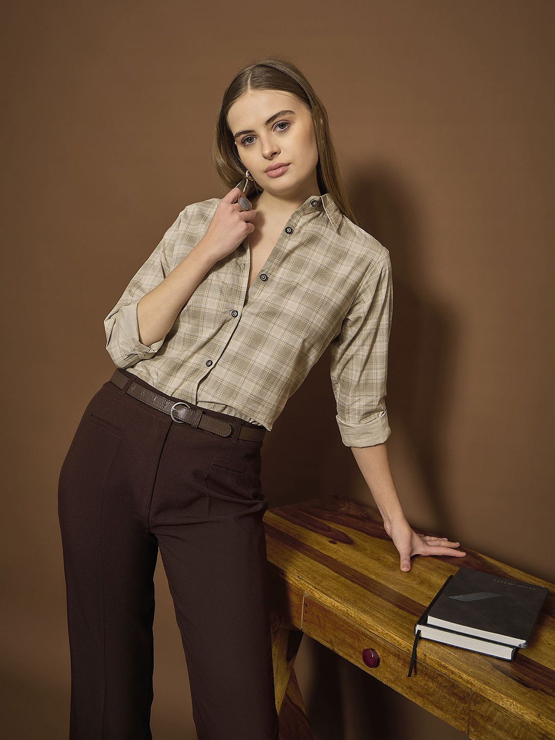 

The Roadster Lifestyle Co. Women Spread Collar Tartan Checked Cotton Casual Shirt, Brown