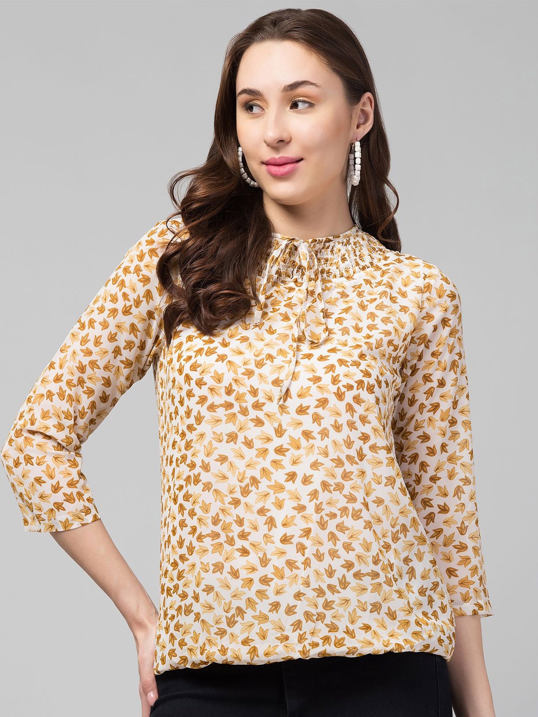 

CULPI Women Polka Dot Printed Tie-Up Neck three-quarter Top, Yellow