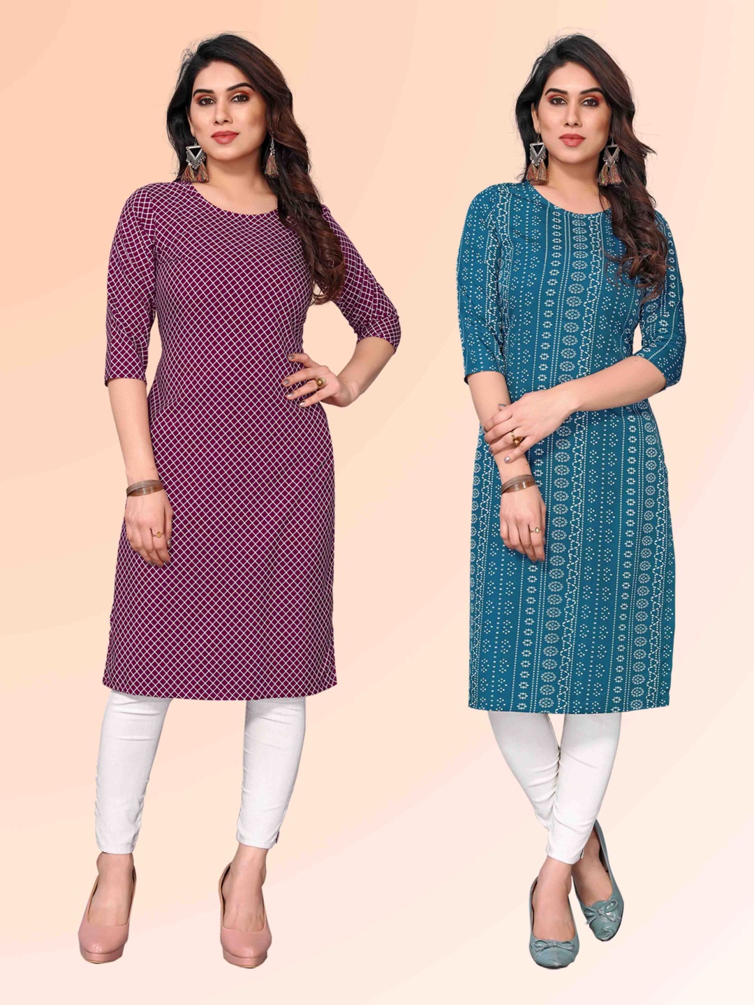 

KETAKI FASHION Selection Of 2 Checked Round Neck Straight Kurtas, Purple