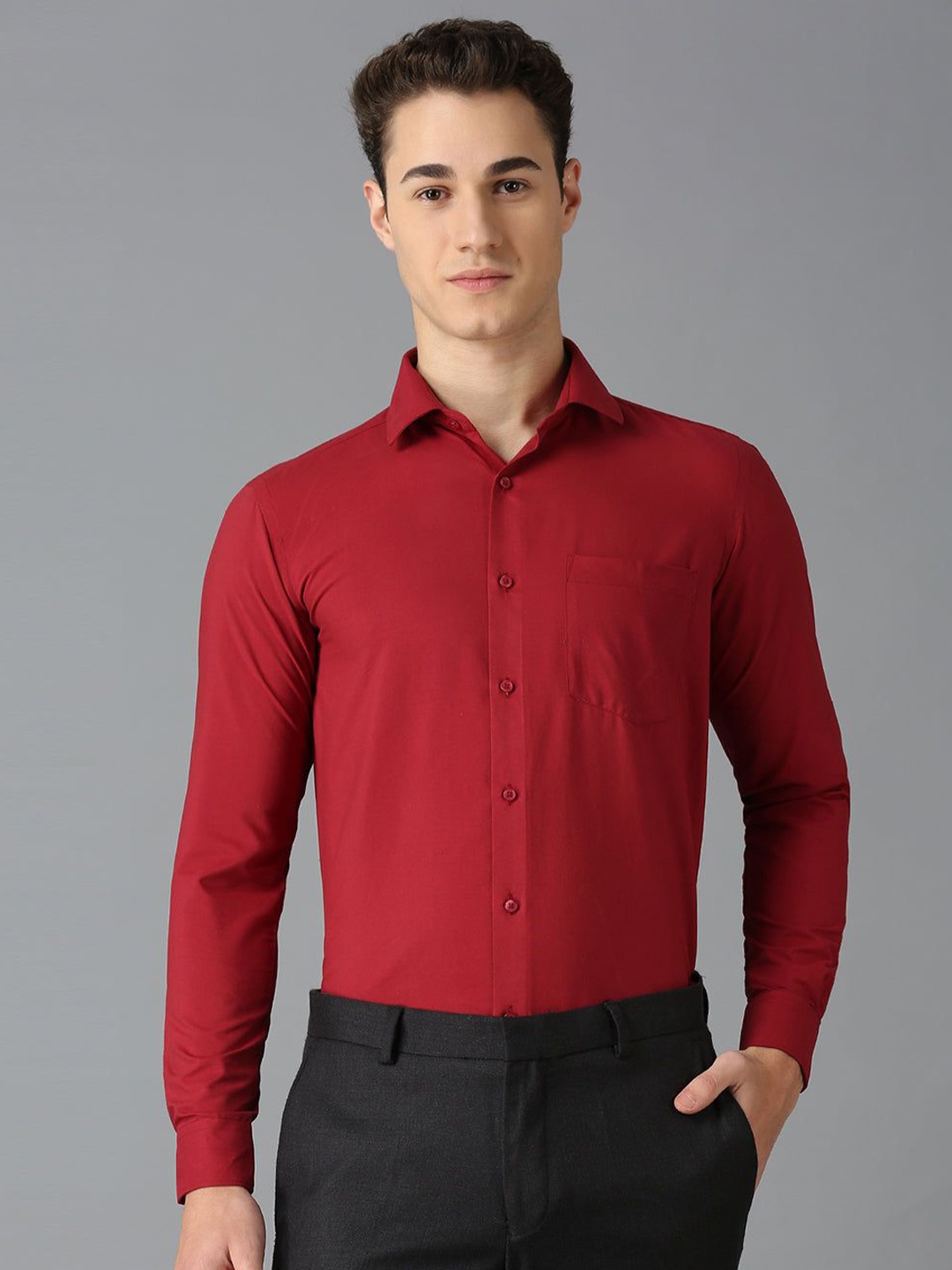

John Philips Men India Slim Fit Cutaway Collar Solid Formal Shirt, Red