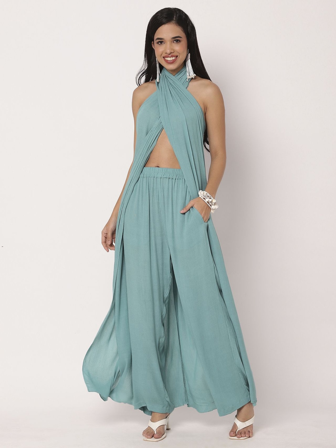 

Moomaya Draped Halter Neck Sleeveless Tunic & Palazzo, Turquoise blue