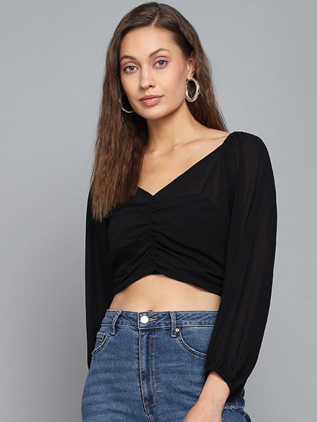 

CULPI Women Puff Sleeves Crop Top, Black