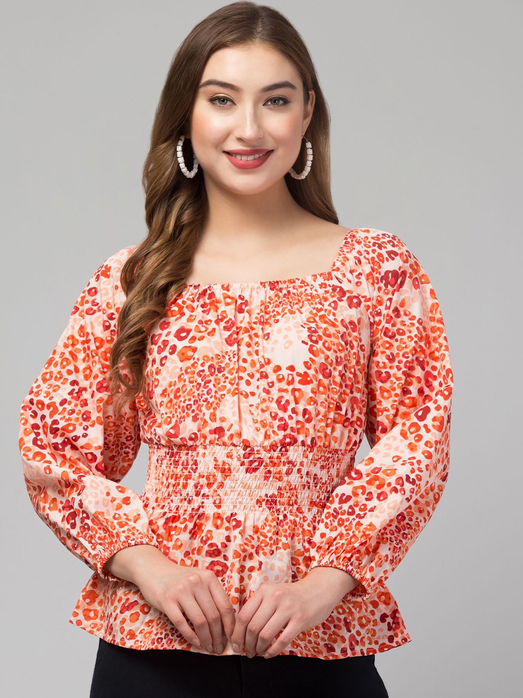 

CULPI Women Floral Printed Square Neck Puff Sleeve Peplum Top, Peach
