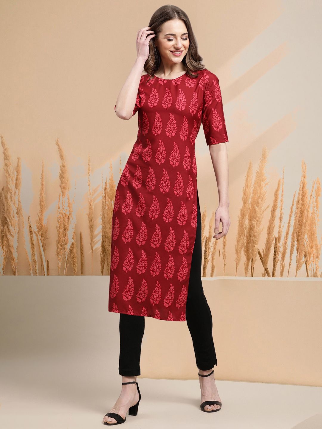 

7Threads Selection Of 5 Ethnic Motifs Printed Round Neck Straight Kurtas, Red