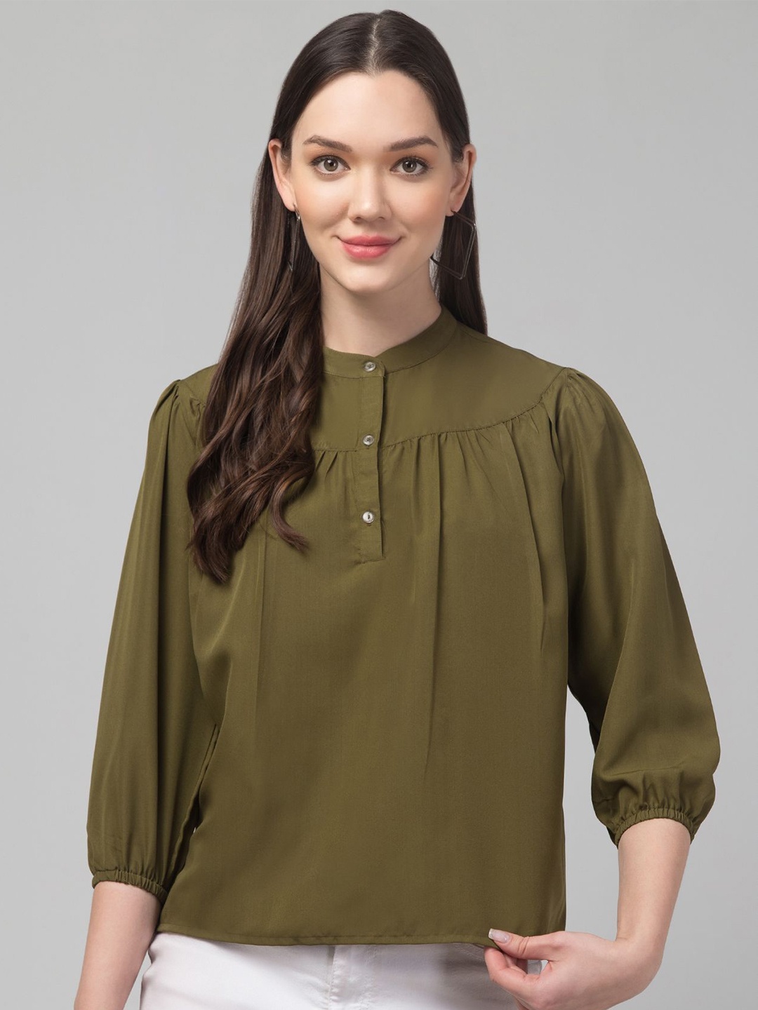 

CULPI Women Mandarin Collar Puff Sleeve Crepe Top, Green