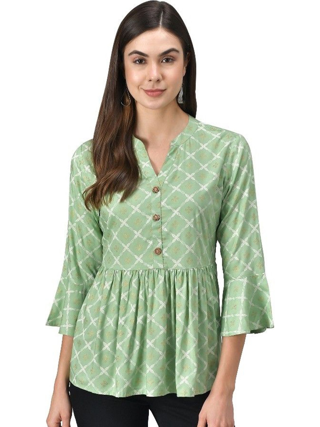 

CULPI Printed Bell Sleeve Peplum Top, Green