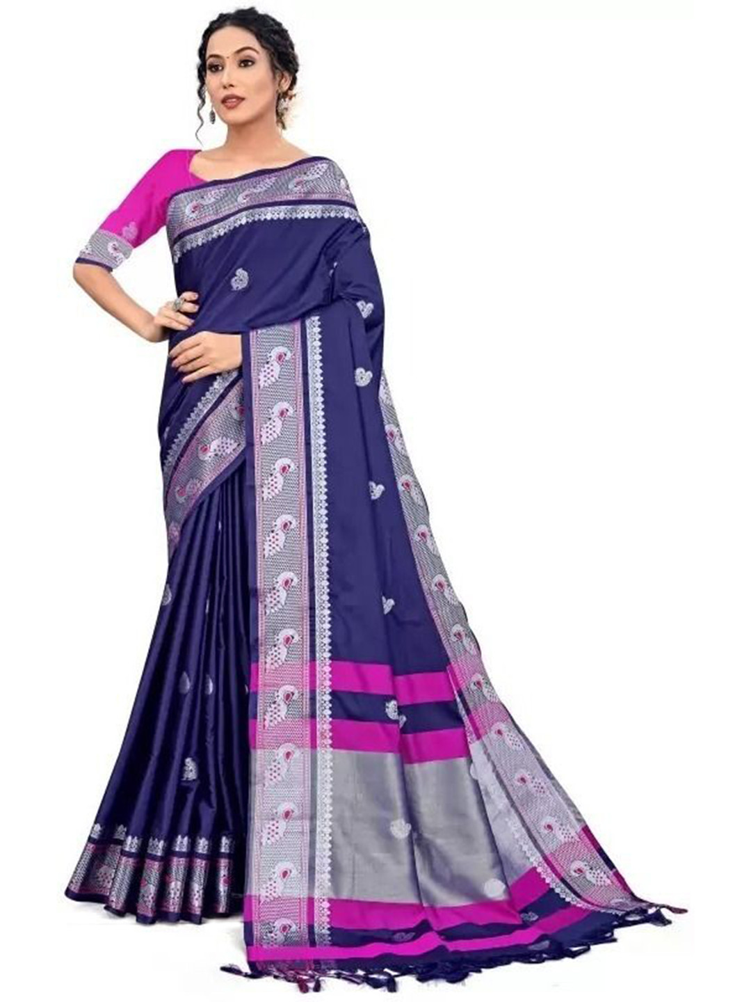 

Upalksh Ethnic Motifs Woven Design Zari Pure Cotton Maheshwari Saree, Blue