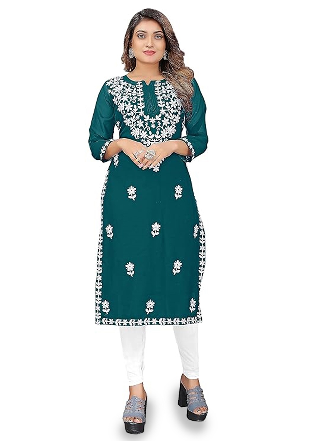 

Tentree Notch-Neck Embroidered Mirror Work Pure Cotton Straight Kurta, Teal