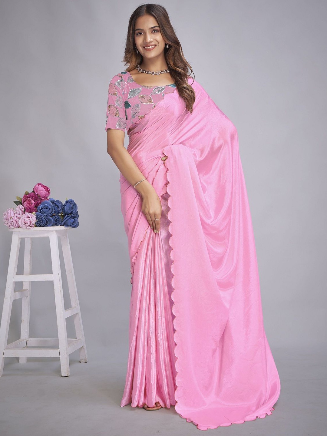 

Aika Pure Chiffon Saree With Blouse Piece, Pink