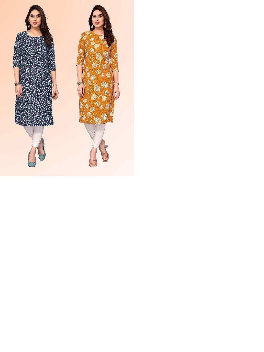 

KETAKI FASHION Selection Of 2 Floral Printed Straight Kurtas, Blue
