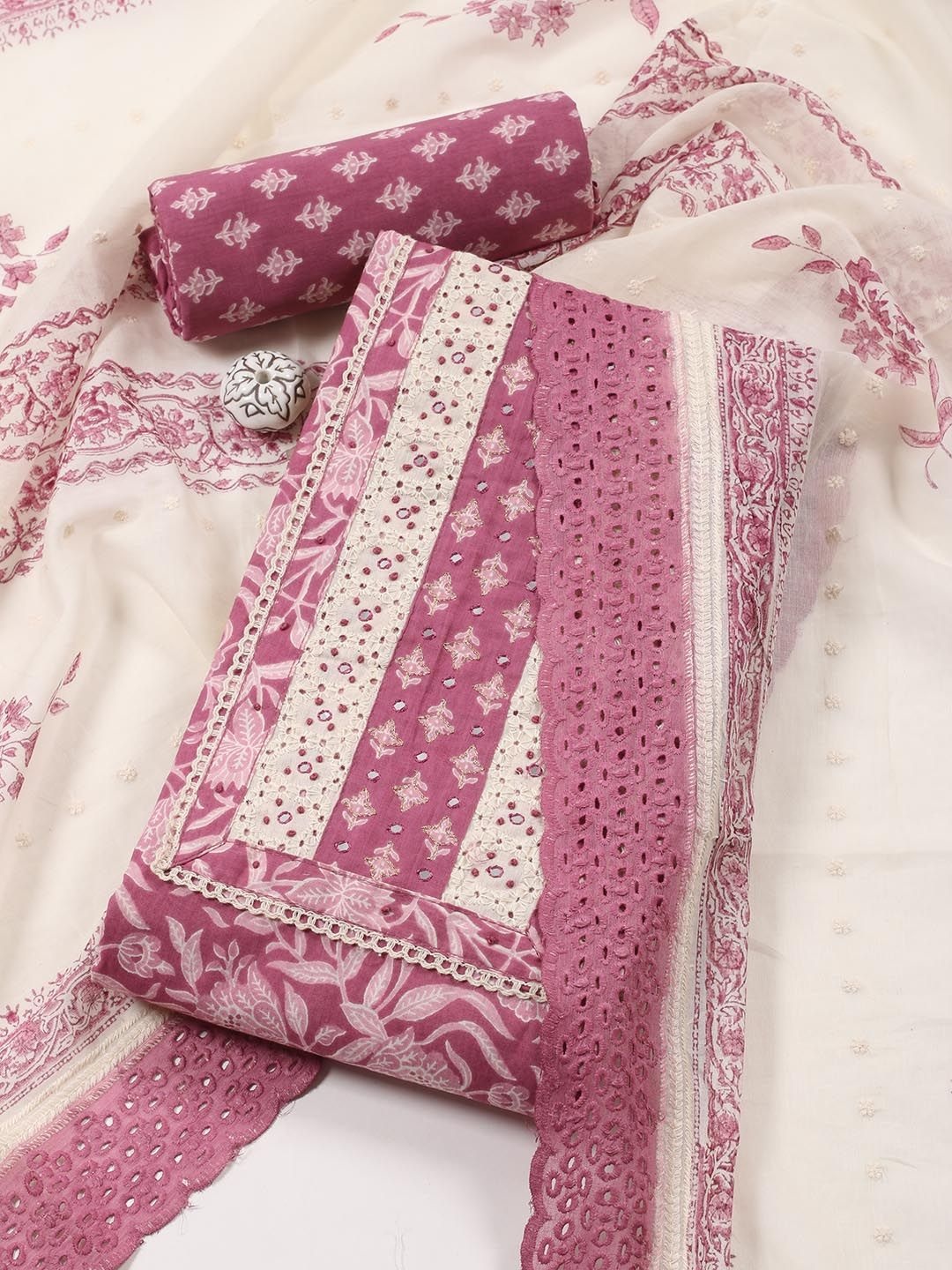 

Meena Bazaar Printed Unstitched Dress Material, Pink