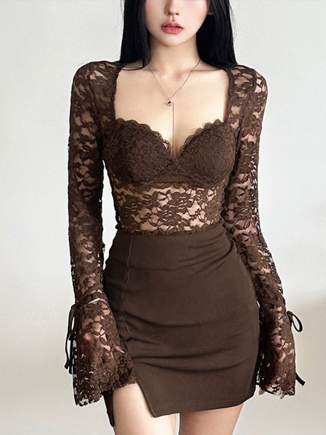 

LULU & SKY Women Flared Sleeves Bodycon Dress, Brown