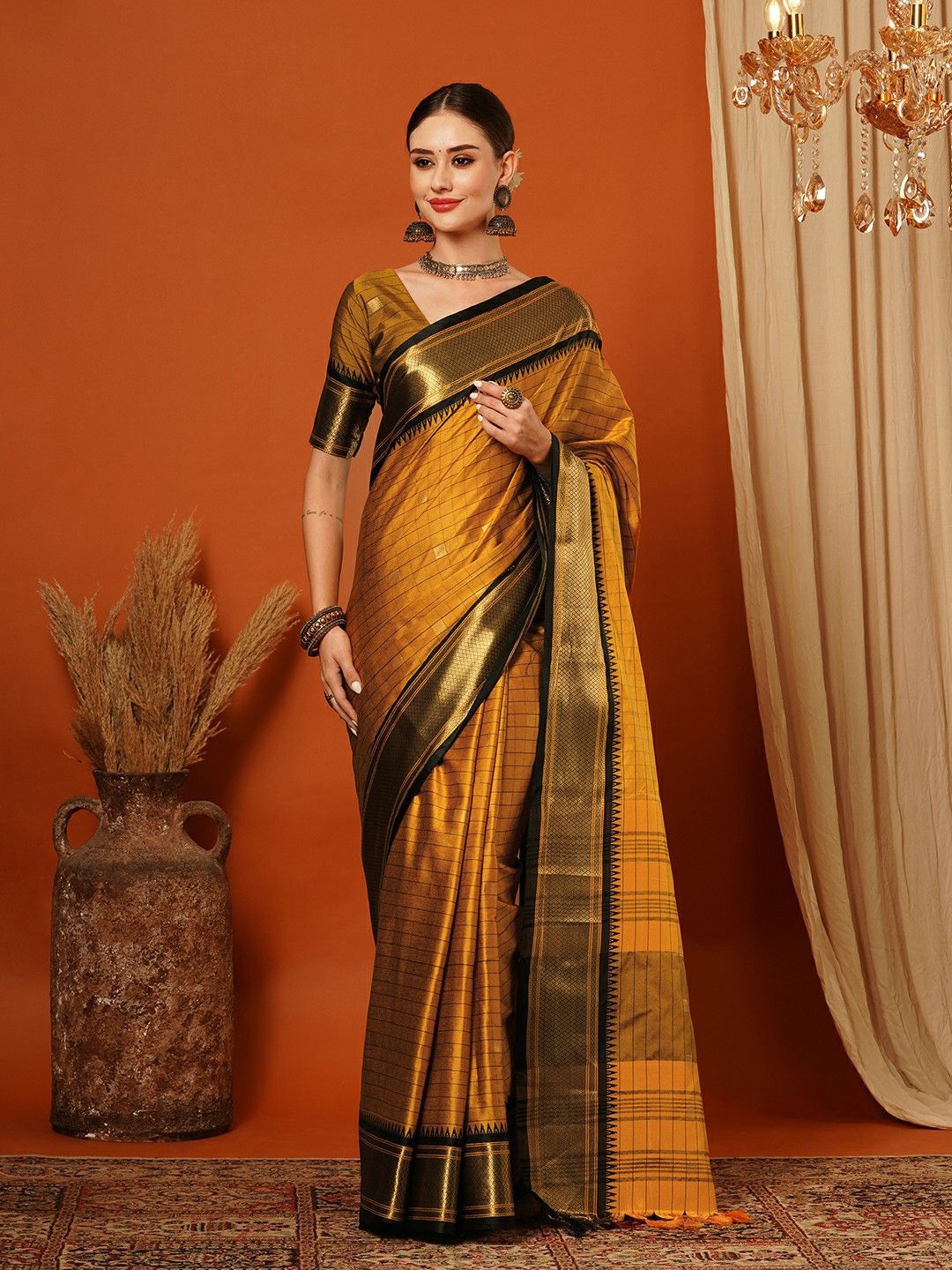 

WINKLECART Checked Zari Pure Silk Banarasi Saree, Yellow