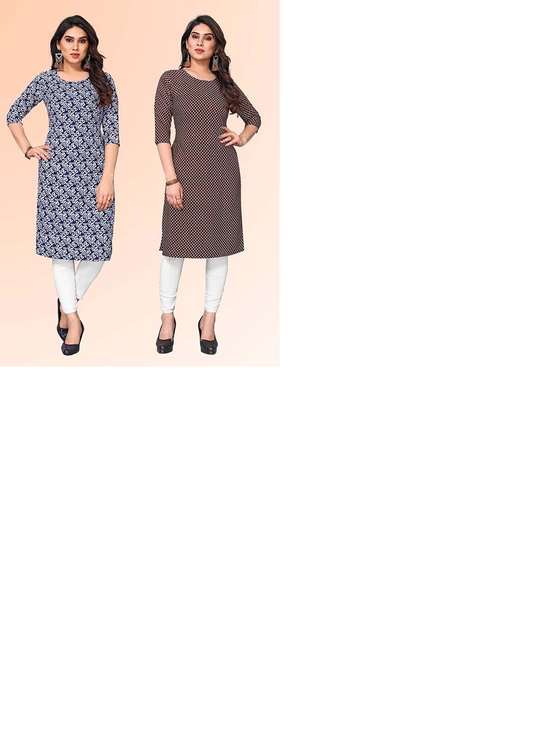 

KETAKI FASHION Selection Of 2 Floral Printed Round Neck Straight Kurtas, Navy blue
