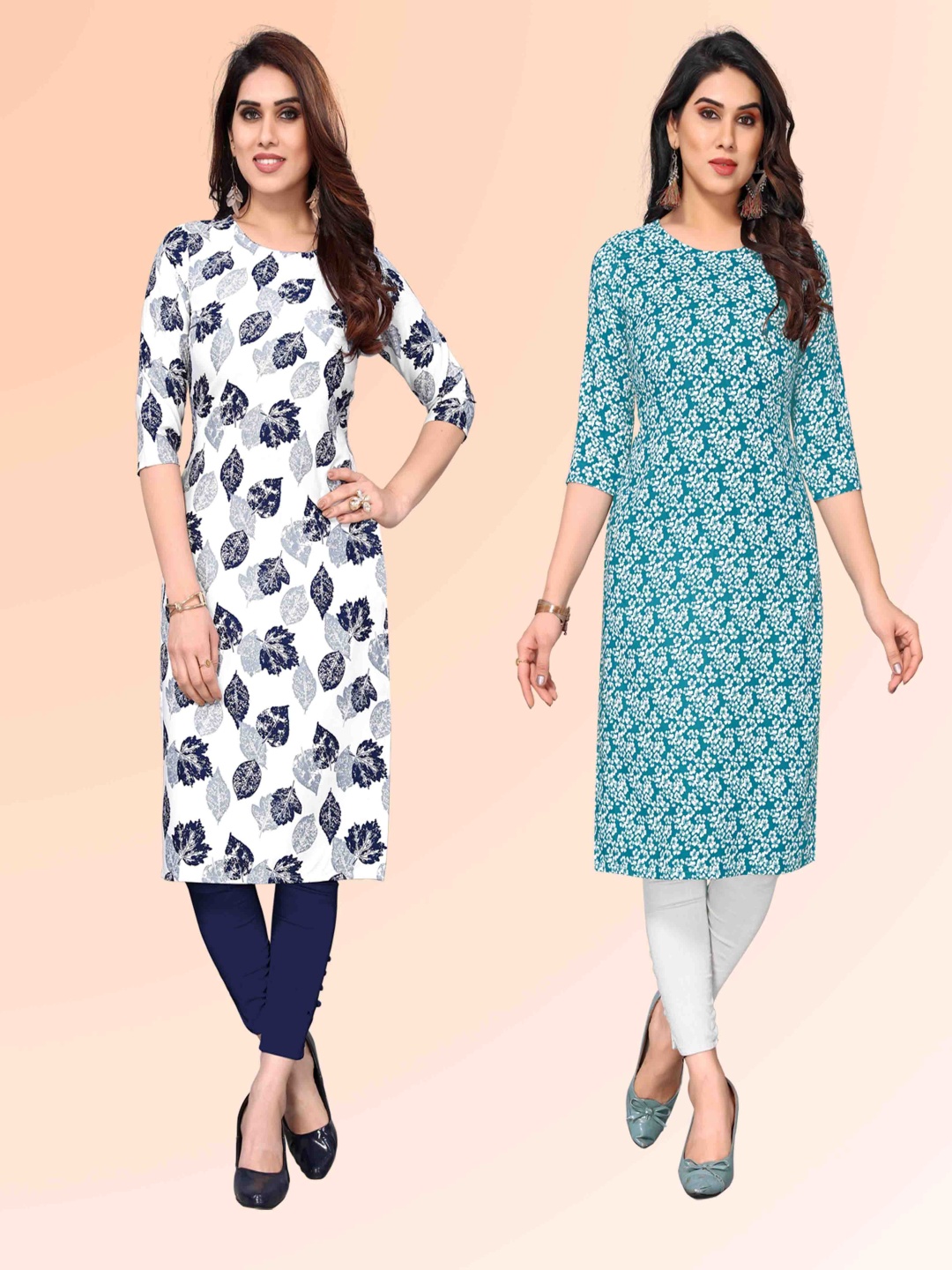 

KETAKI FASHION Selection Of 2 Floral Printed Round Neck Straight Kurtas, White