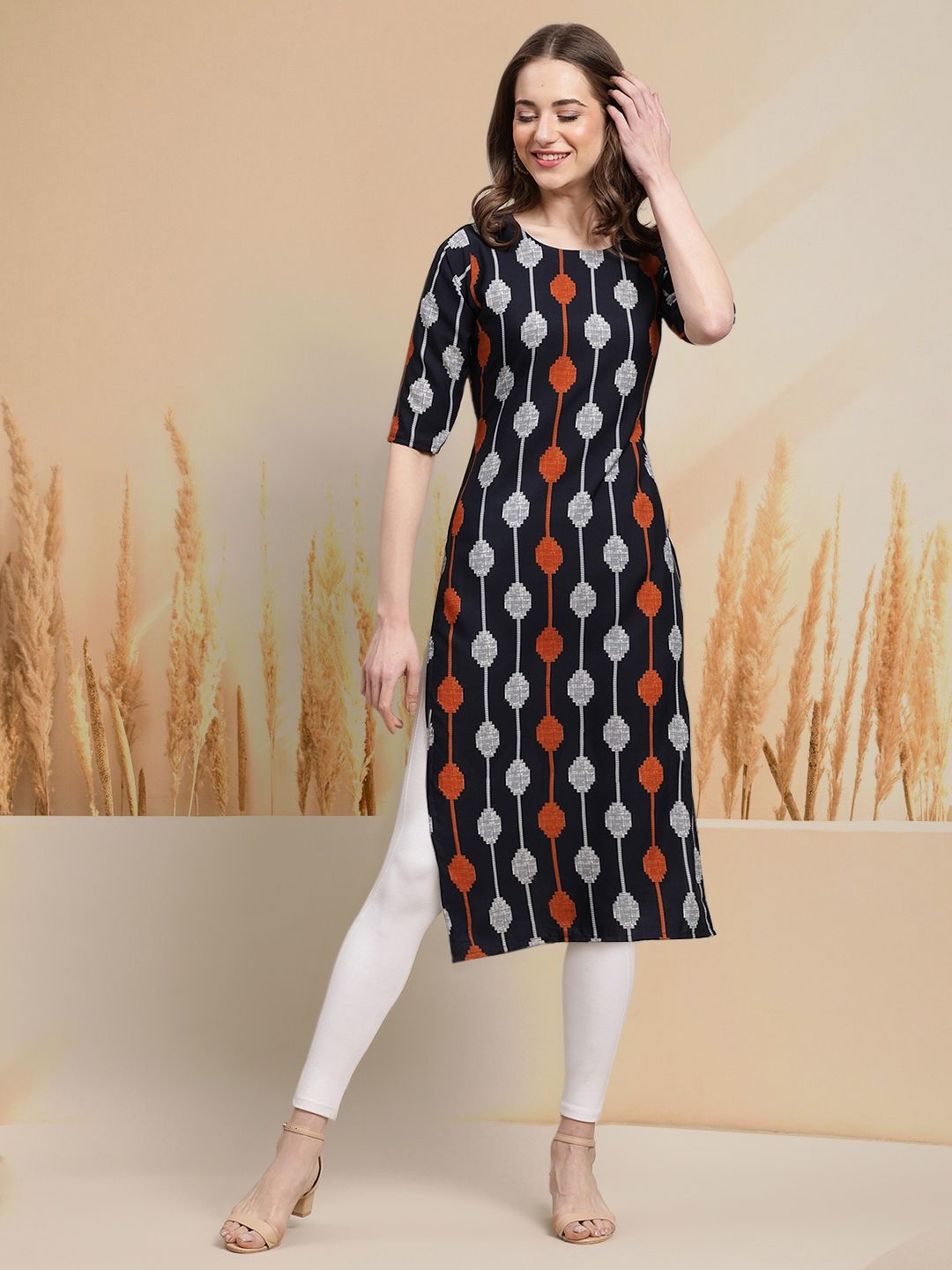 

7Threads Selection of 2 Geometric Printed Round Neck Straight Kurtas, Black