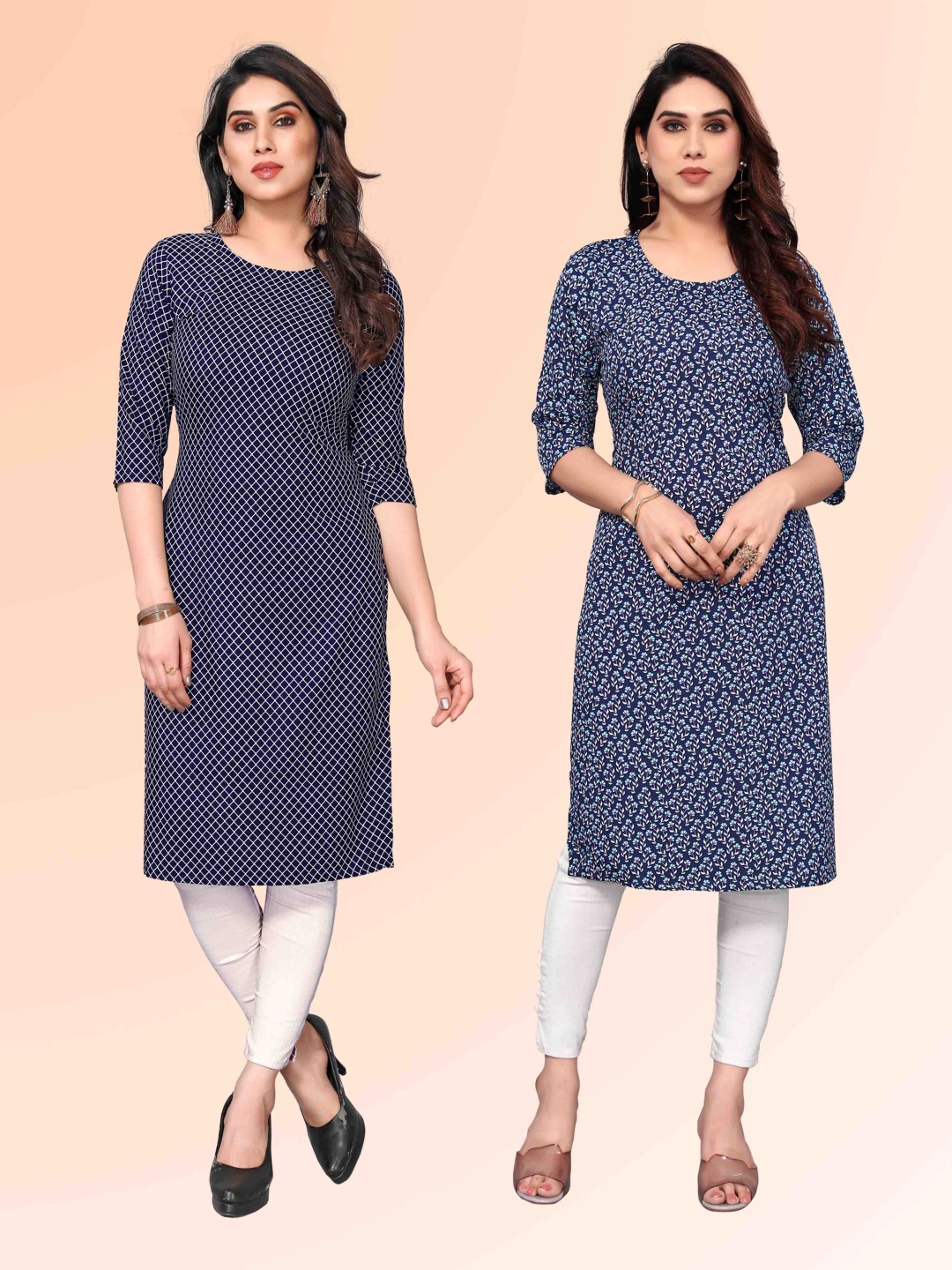 

KETAKI FASHION Selection Of 2 Geometric Printed Round Neck Straight Kurtas, Black