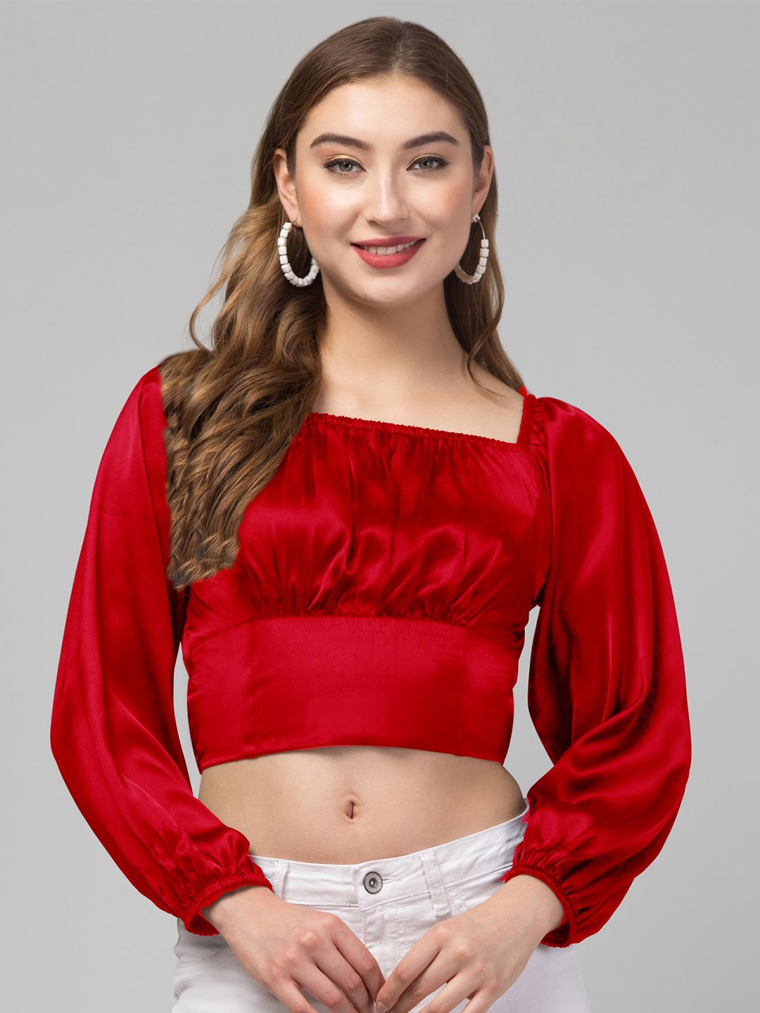 

CULPI Women Puff Sleeve Square Neck Satin Crop Top, Red