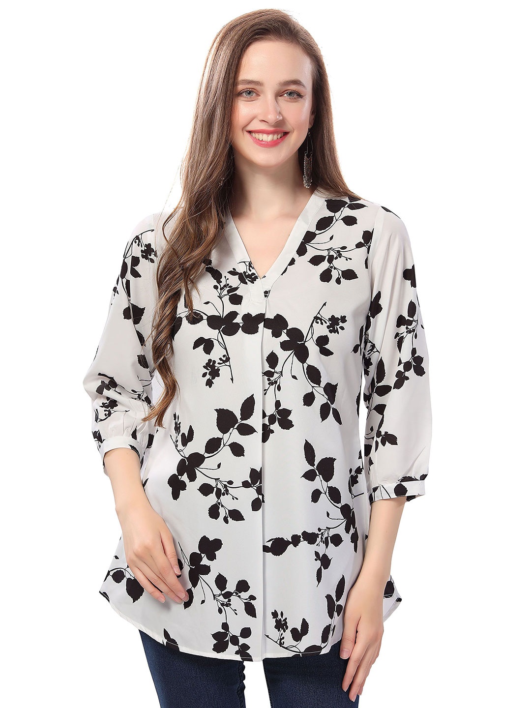 

Meher Impex Floral Print Crepe Shirt Style Top, White