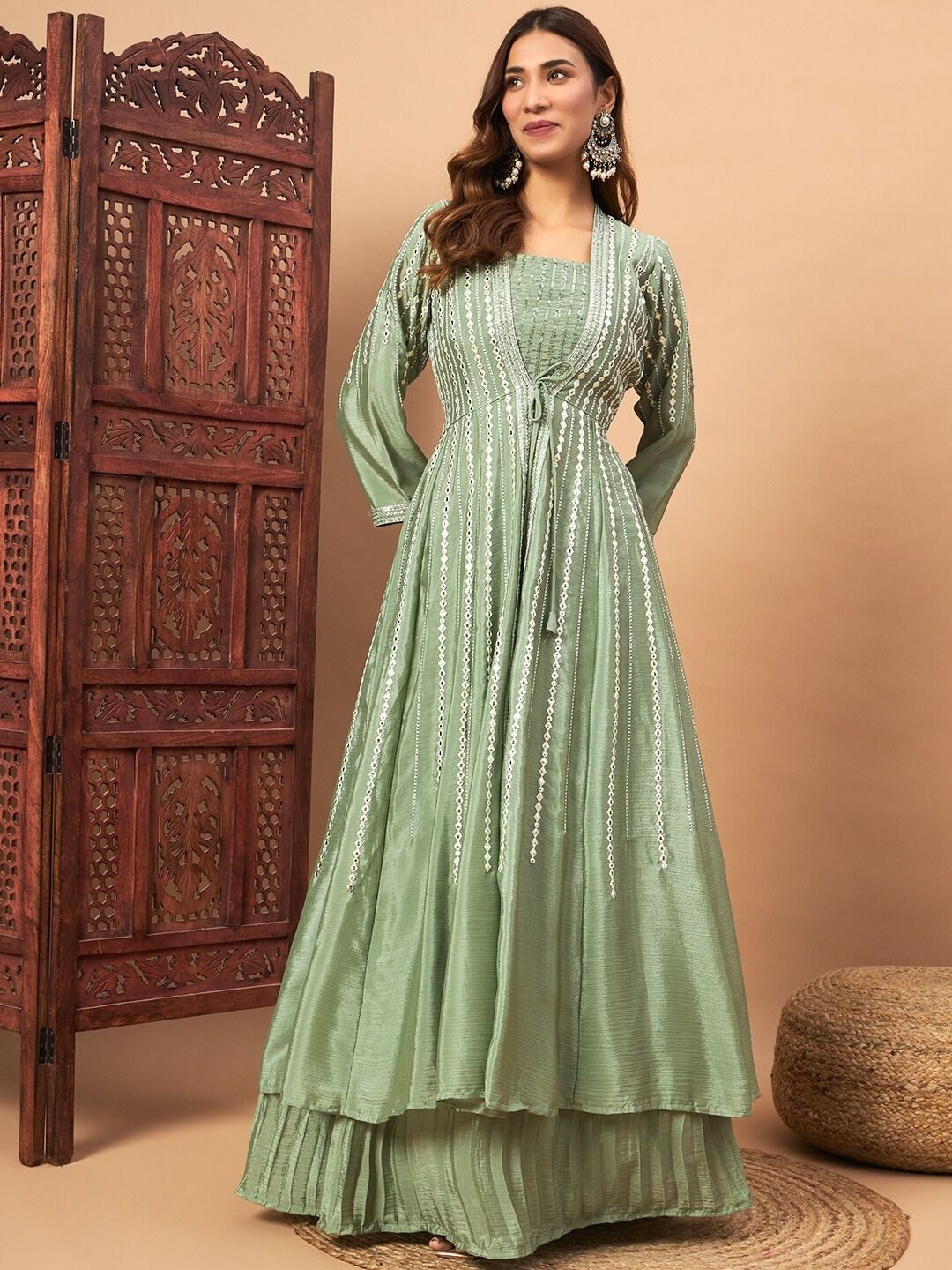 

Chhabra 555 Mirror & Resham Embroidered Sequined Round Neck Crop Top And Skirt With Jacket, Green