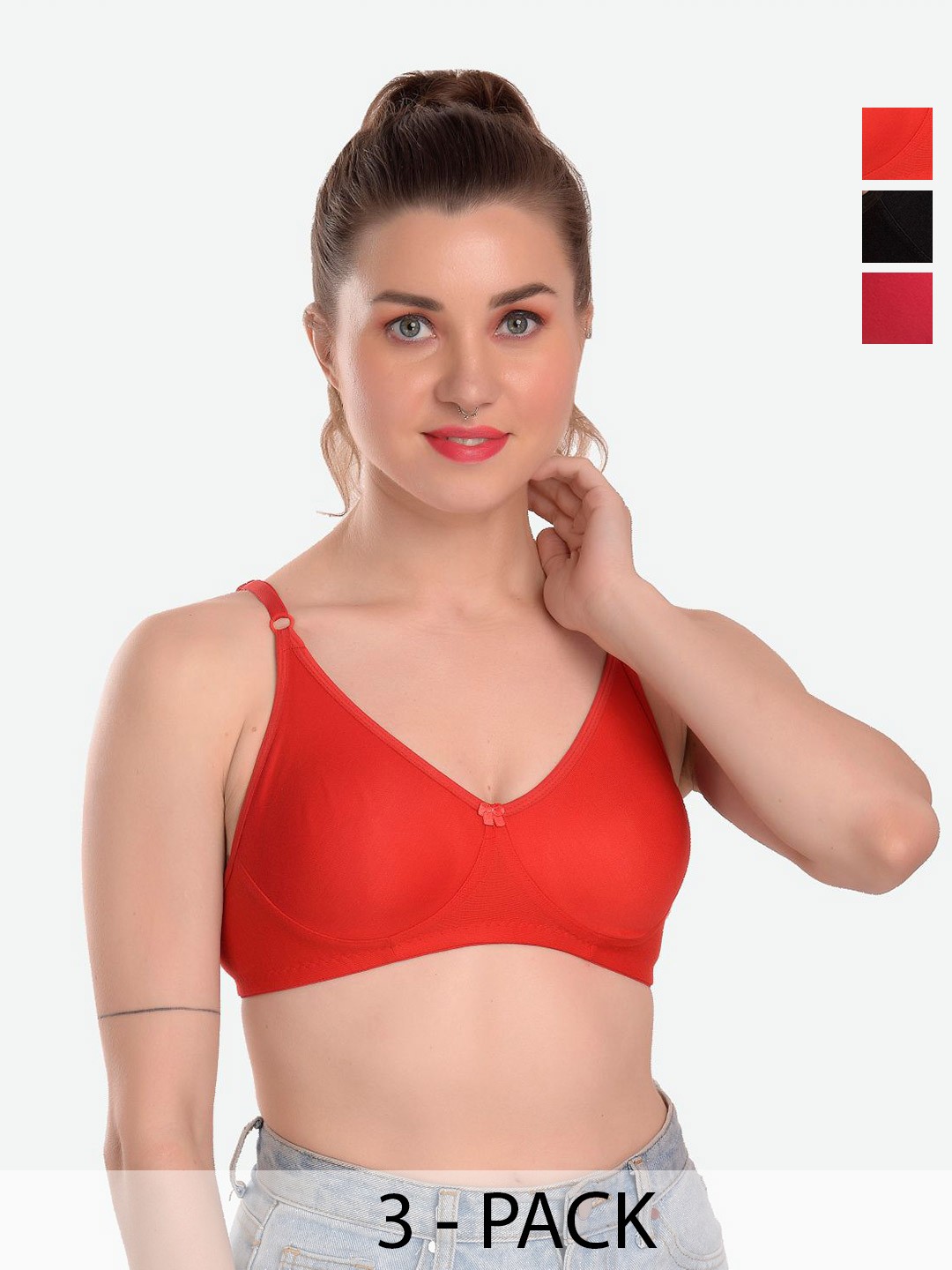 

MiEstilo Pack Of 3 Cotton Cut and Sew Full Coverage Bra, Red