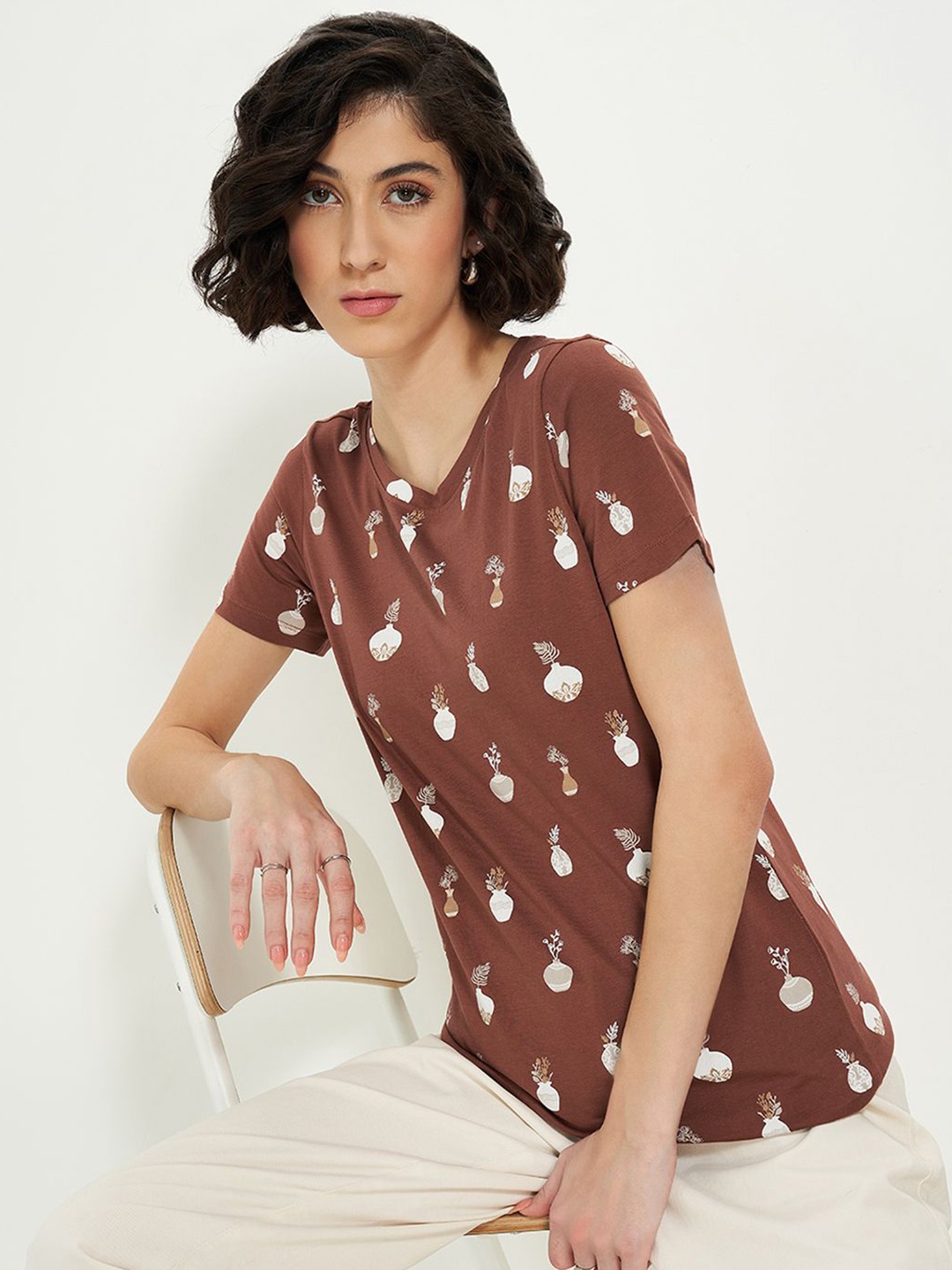 

Honey by Pantaloons Women Printed Cotton Top, Brown