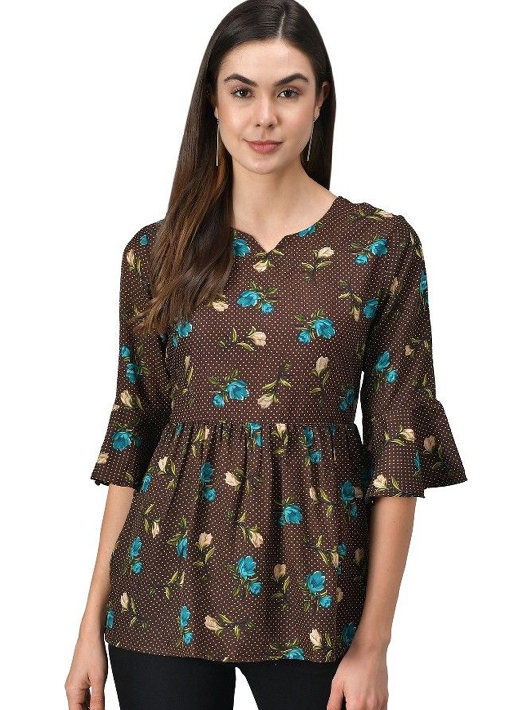 

CULPI Women Floral Printed Peplum Top, Brown