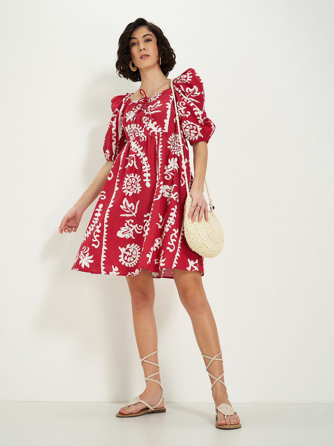 

Honey by Pantaloons Women Floral Printed Puff Sleeve Fit and Flare Dress, Red