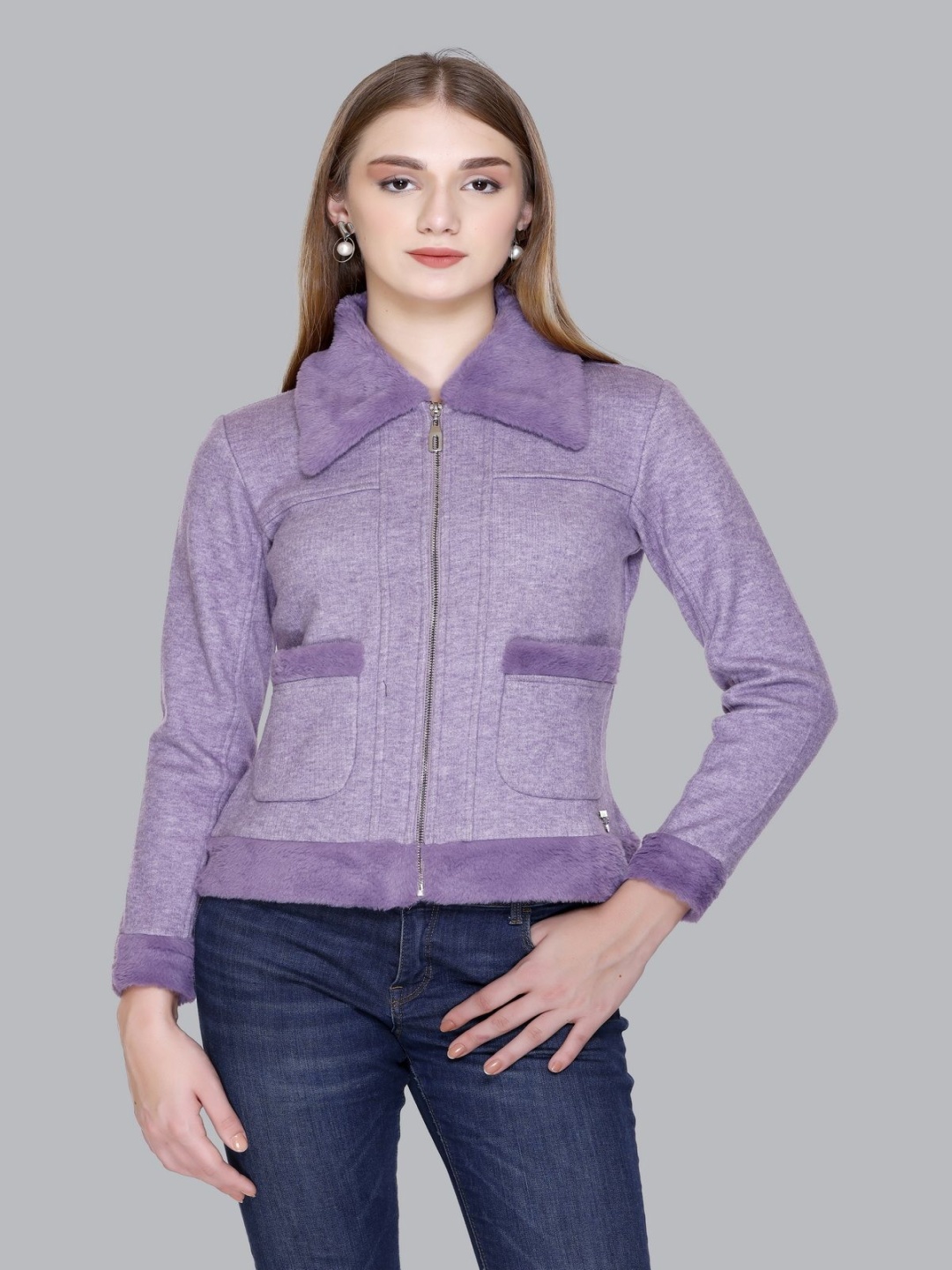 

DIONA Women Spread Collar Self Design Woollen Casual Parka Jacket, Purple