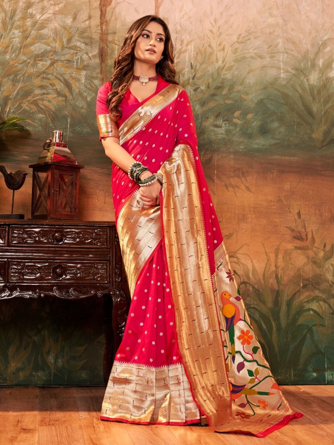 

Panzora Woven Design Zari Paithani Saree, Pink