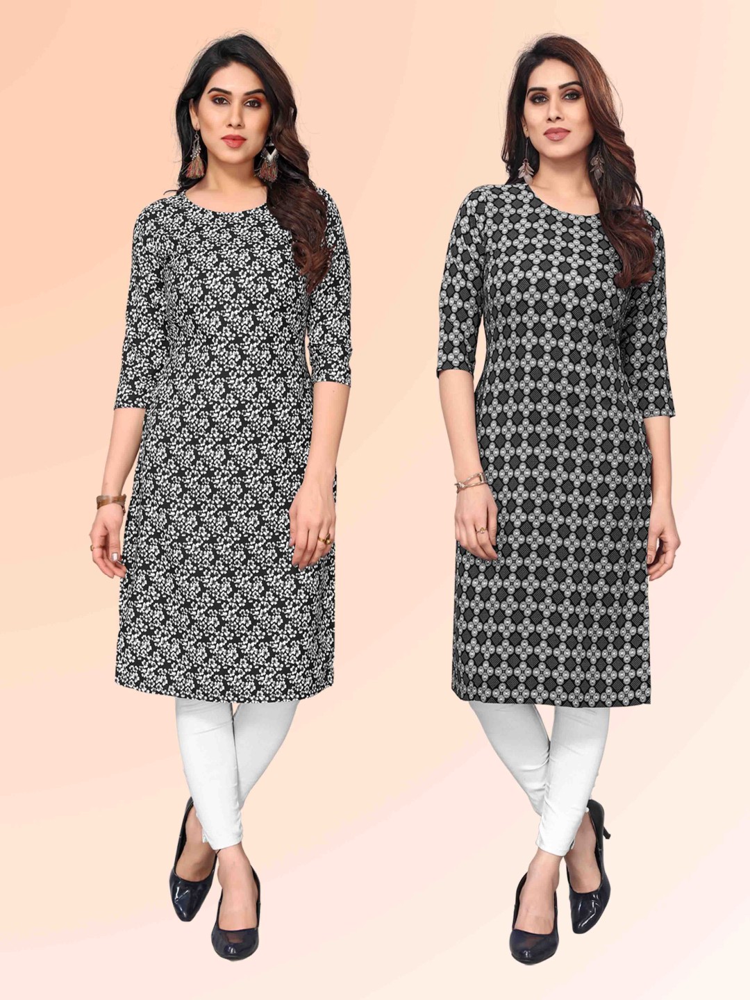 

KETAKI FASHION Selection Of 2 Floral Printed Round Neck Straight Kurtas, Black