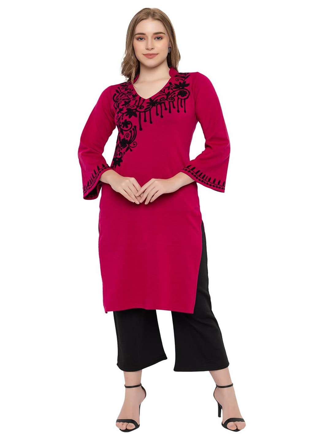 

ROSARY Floral Embroidered Mandarin Collar Flared Sleeves Straight Kurta With Palazzos, Red