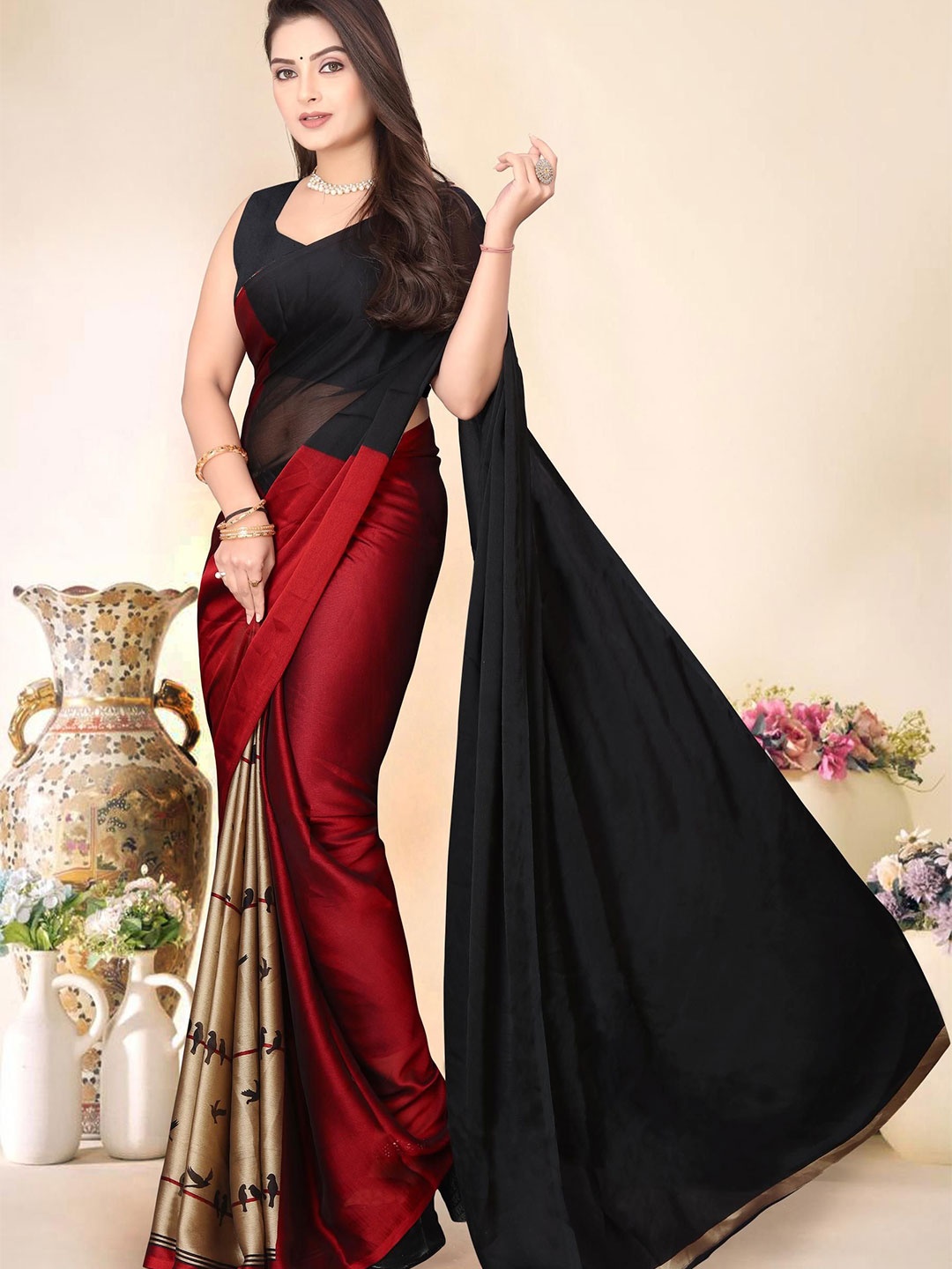 

SUPERLAXMI Ethnic Motifs Colourblocked Pure Chiffon Saree, Red