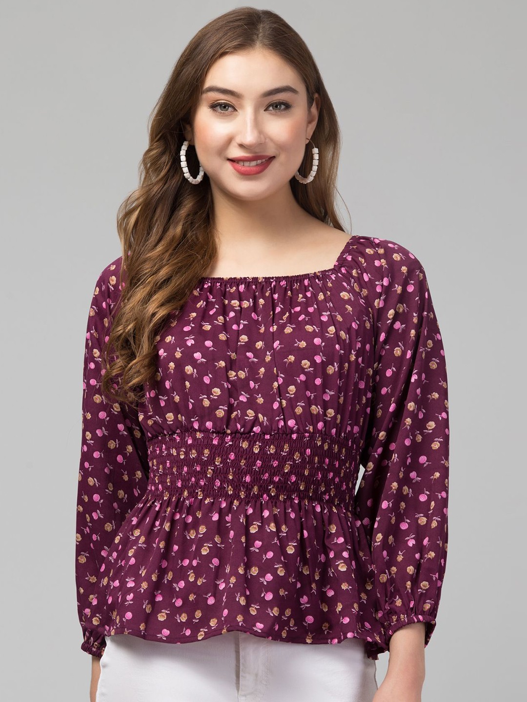 

CULPI Floral Printed Crepe Top, Burgundy