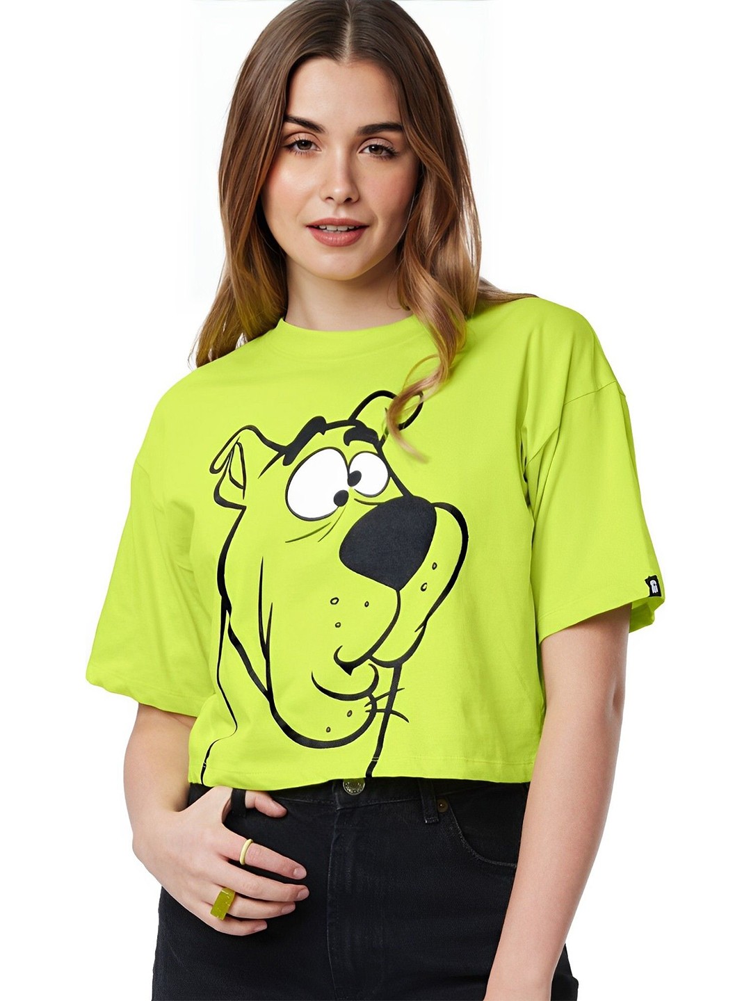 

sollobell Scooby-Doo Printed Drop-Shoulder Sleeves Baggy Crop T-shirt, Green