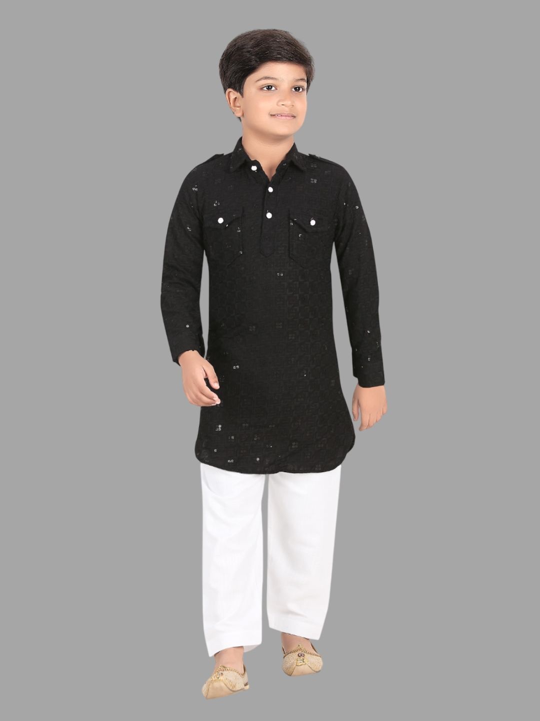

BAESD Boys Geometric Woven Design Printed Sequined Straight Kurta With Pyjama, Black