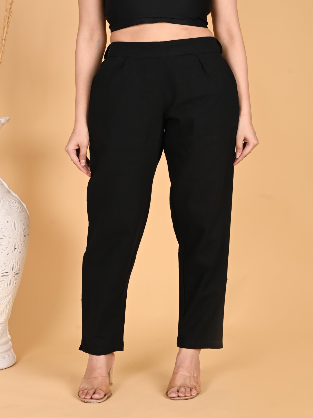 

SKYTICK Women Cotton High-Rise Relaxed Regular Fit Pleated Trousers, Black