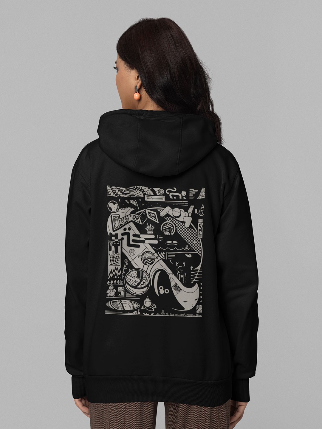

TheBTclub Women Space Out Printed Hooded Sweatshirt, Black