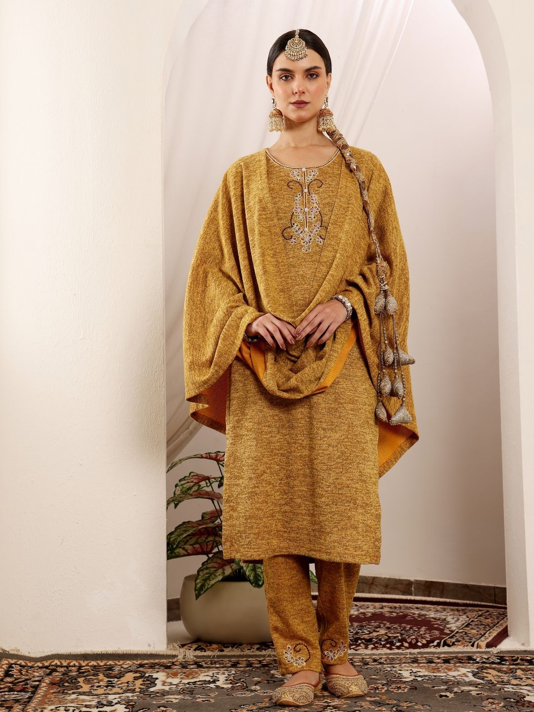 

Lative Colours of Fashion Floral Embroidered Wollen Straight Kurta With Trouser & Dupatta, Mustard