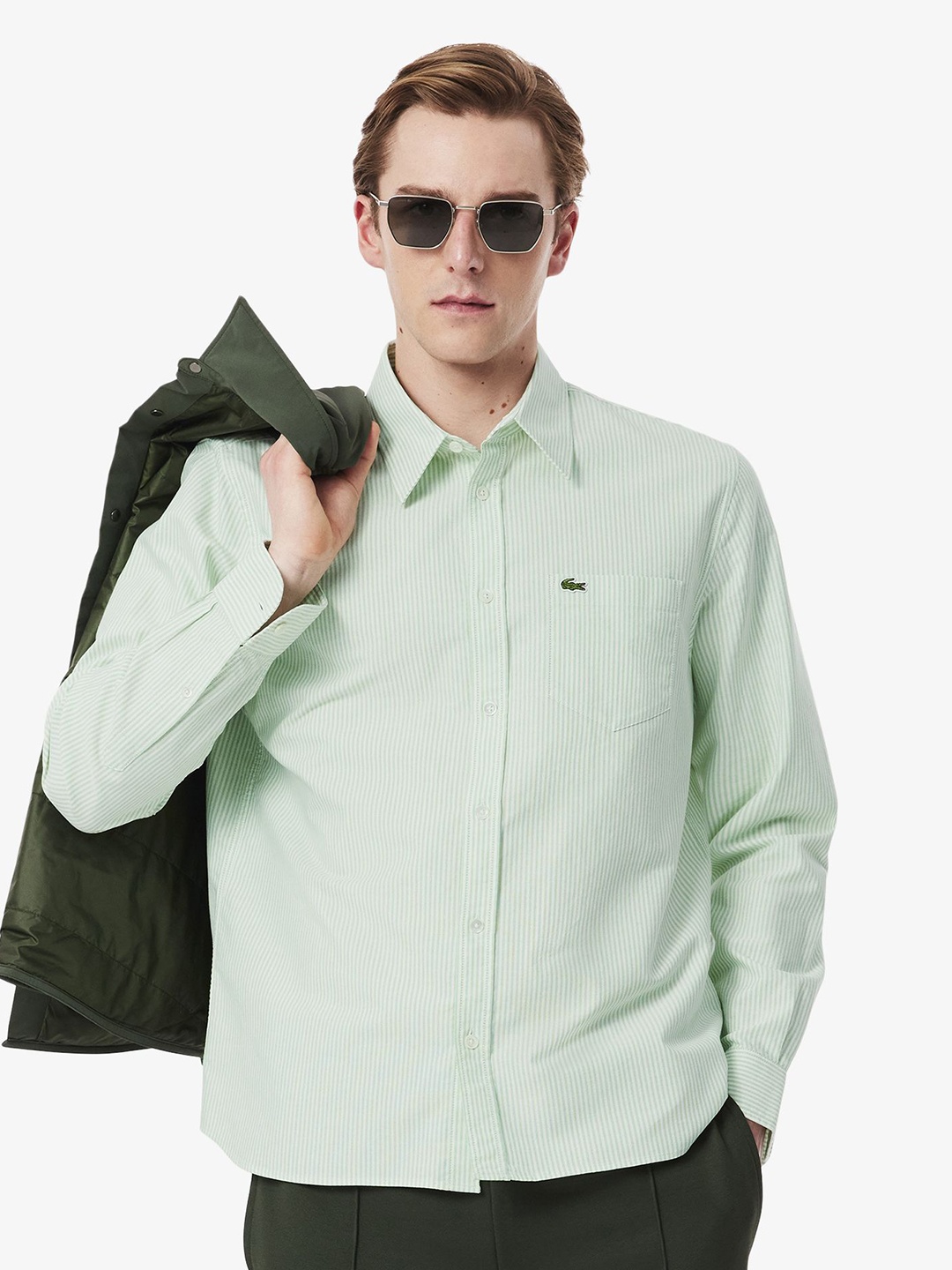 

Lacoste Men Spread Collar Pinstripes Striped Cotton Casual Shirt, Green