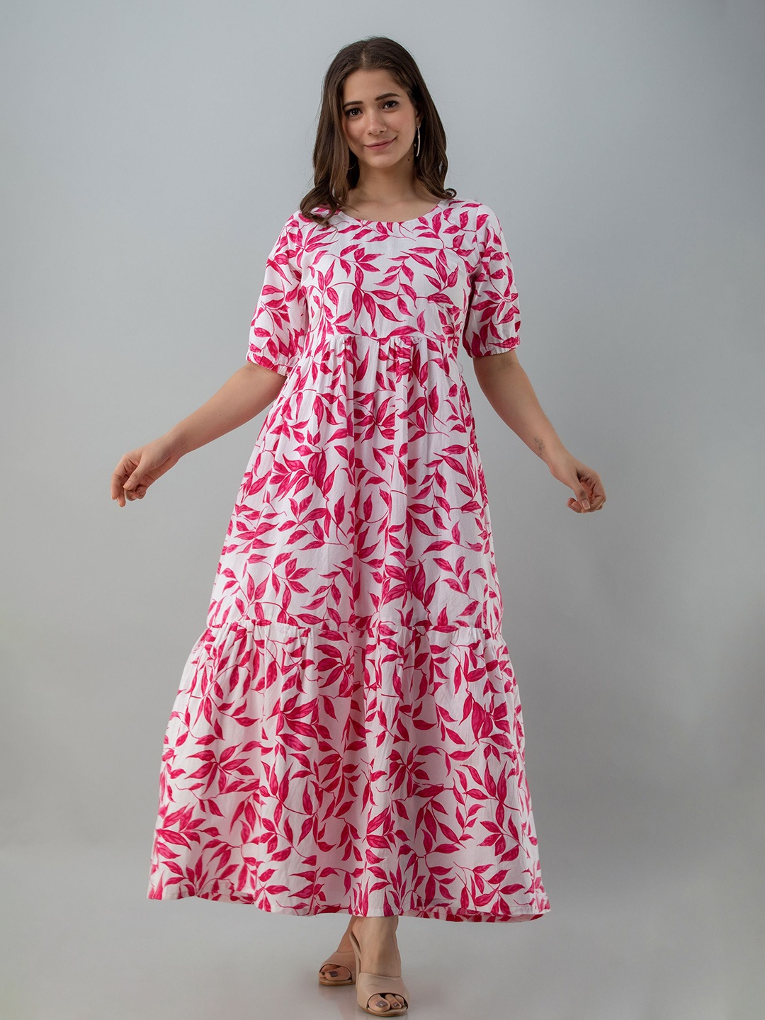 

Twirl Tales Floral Print Puff Sleeve A-Line Midi Dress, Pink