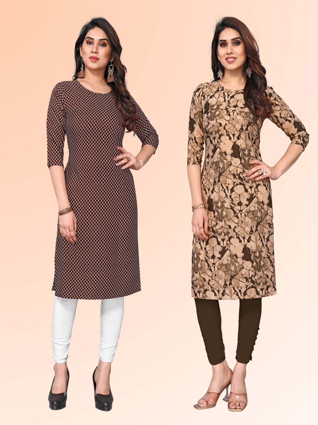 

KETAKI FASHION Selection Of 2 Checked Printed Round Neck Straight Kurtas, Brown