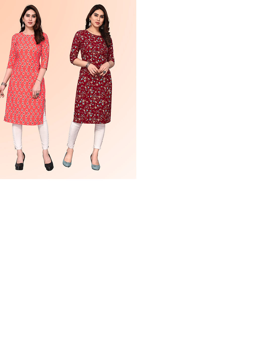 

KETAKI FASHION Selection Of 2 Floral Printed Straight Kurtas, Peach