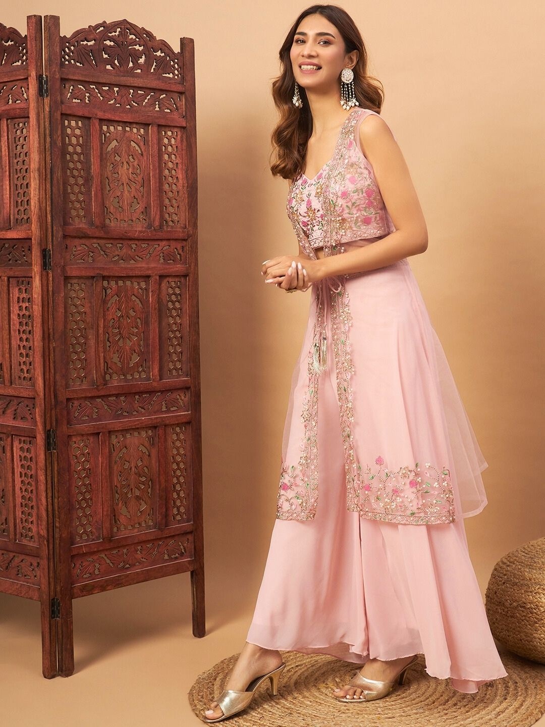 

Chhabra 555 Embellished Co-Ord Set with Floral Resham & Zari Embroidered Long Jacket, Pink