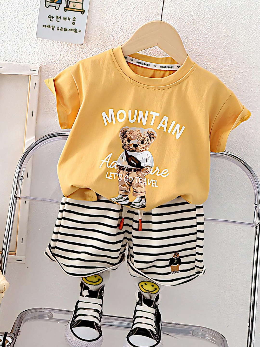 

BAESD Kids Teddy Bear Printed Pure Cotton T-Shirt With Shorts, Mustard